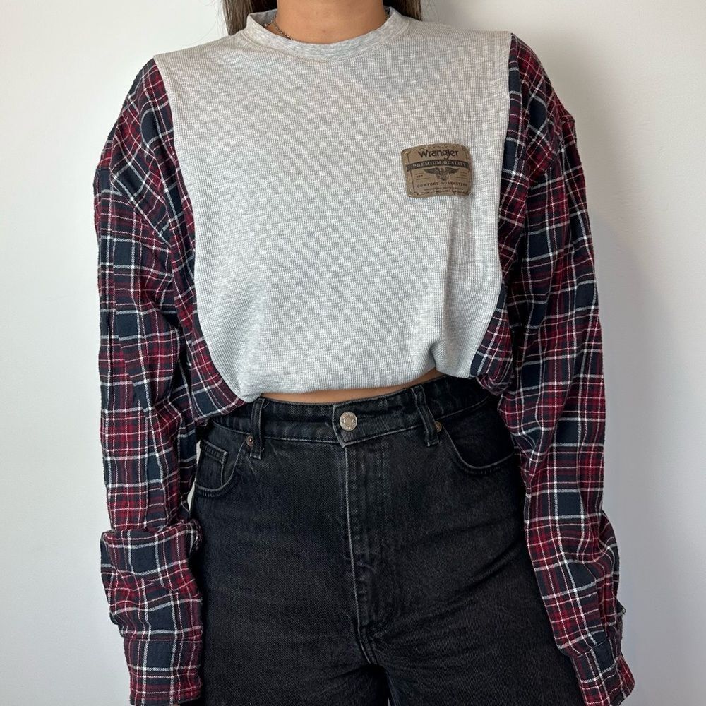 Wrangler Reworked Upcycled Western Long Sleeve Vintage Plaid Flannel Shirt Top